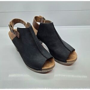 Dansko Women 38 Black Leather Peep Toe Slingback Block Heel Platform Sandals